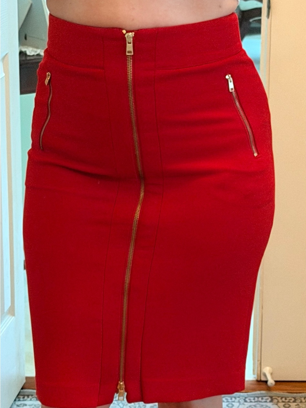 Ann Taylor Red Pencil Skirt with Gold Zipper Accents